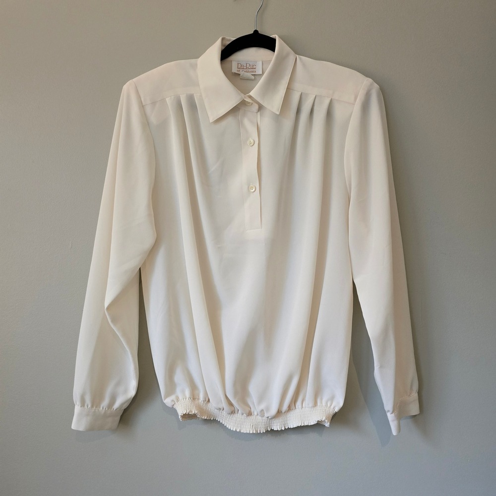 Vintage Da-Rue of California Cream Smocked Hem Blouse Pleated Button Size 10